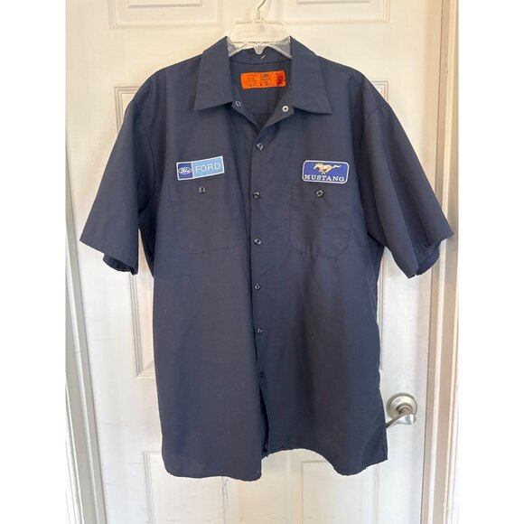 Red Cap Navy Blue Button Down Work Shirt Ford & Mustang Patches Men's XL - Picture 5 of 6